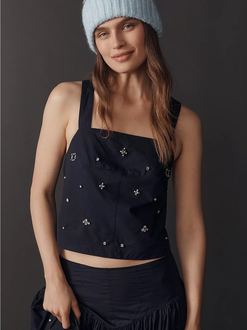 Maeve Anthropologie Navy Embellished Rhinestone Crop Top XL